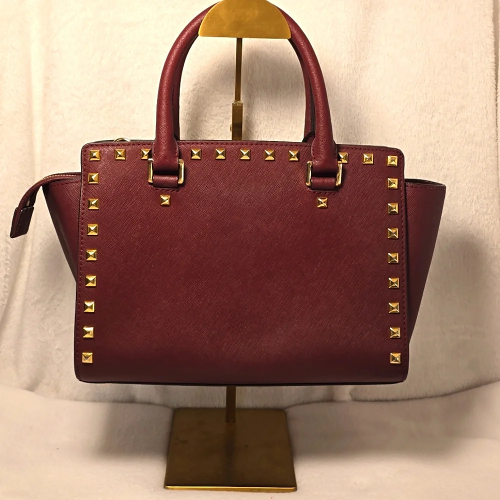 Michael Kors Burgundy Medium Selma Studded Saffiano Satchel - Picture 2 of 14